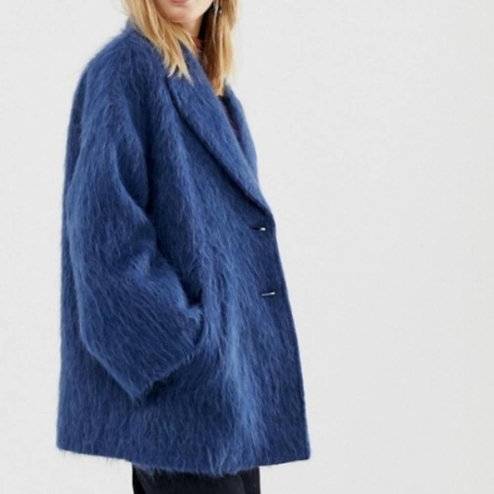 ASOS Blue Fuzzy Mohair Coat Jacket Penny Lane Oversized Fit Grunge Indie Sleek